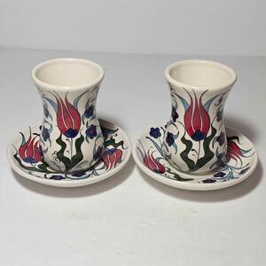 2 Turkish Tea Cups and Saucers Red Blue Flowers